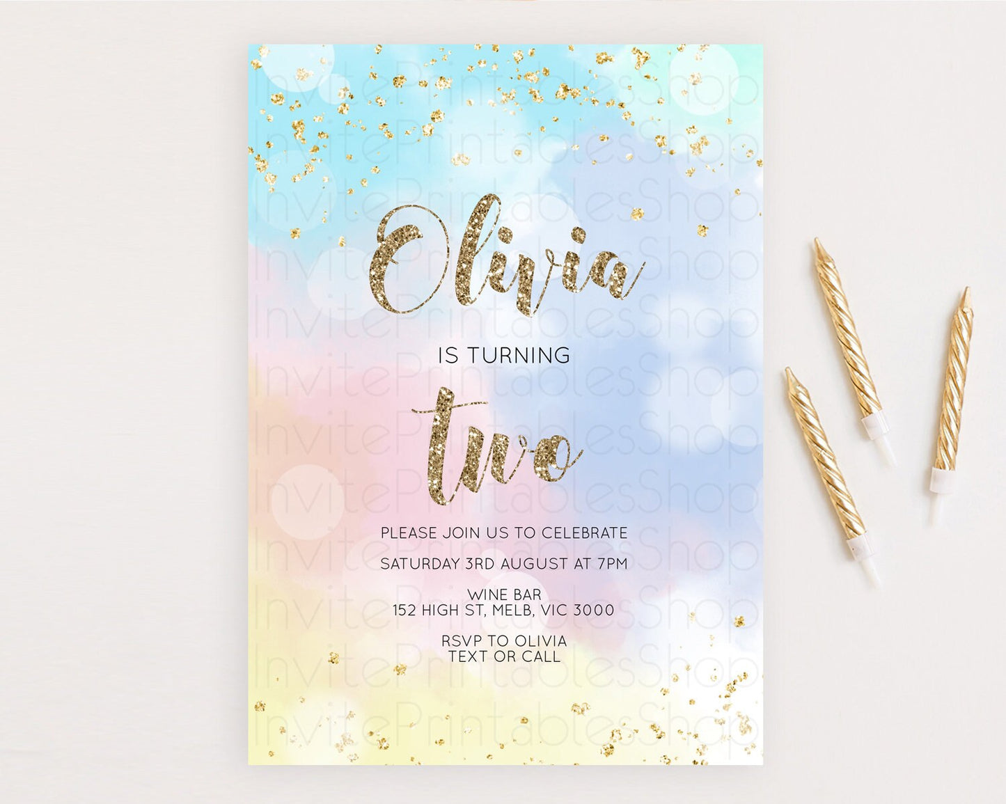 Rainbow Birthday Invitation Colorful Pastel Watercolor Invitation Gold Glitter Sprinkles Ombre Pastel 1st 2nd 3rd Birthday D10367