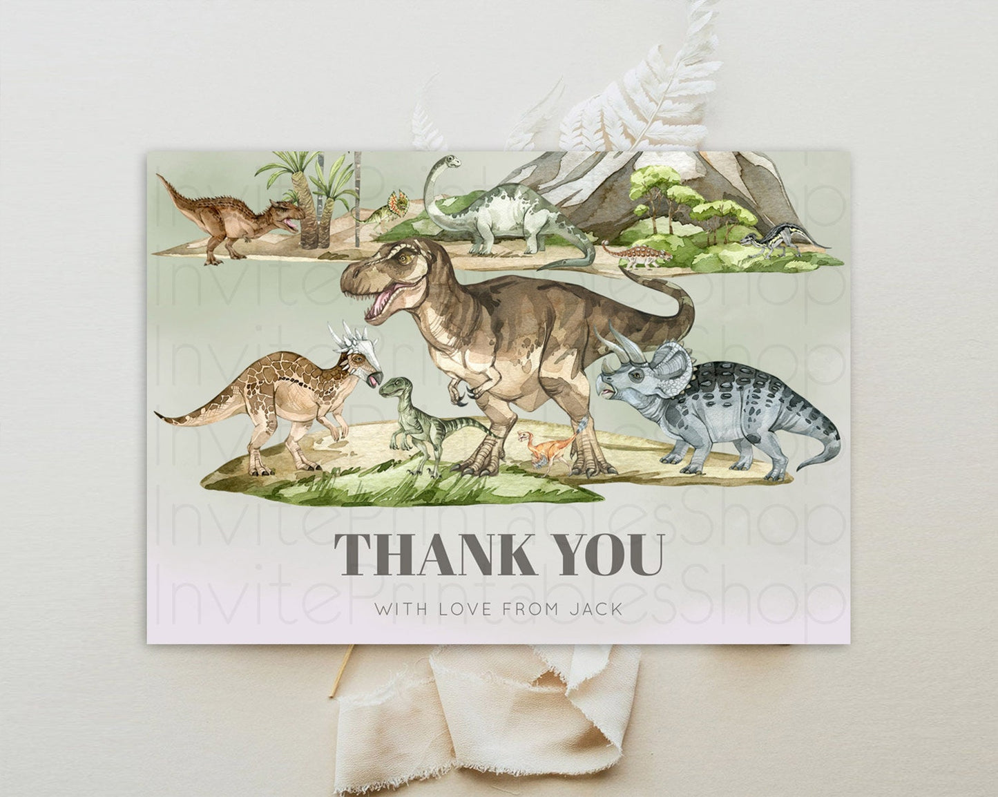 Dinosaur Thank You Dinosaur Volcano Thank You Card Dinosaur Birthday Card Watercolor Volcano T-Rex Raptor Jurassic Teacher Thank You D10671