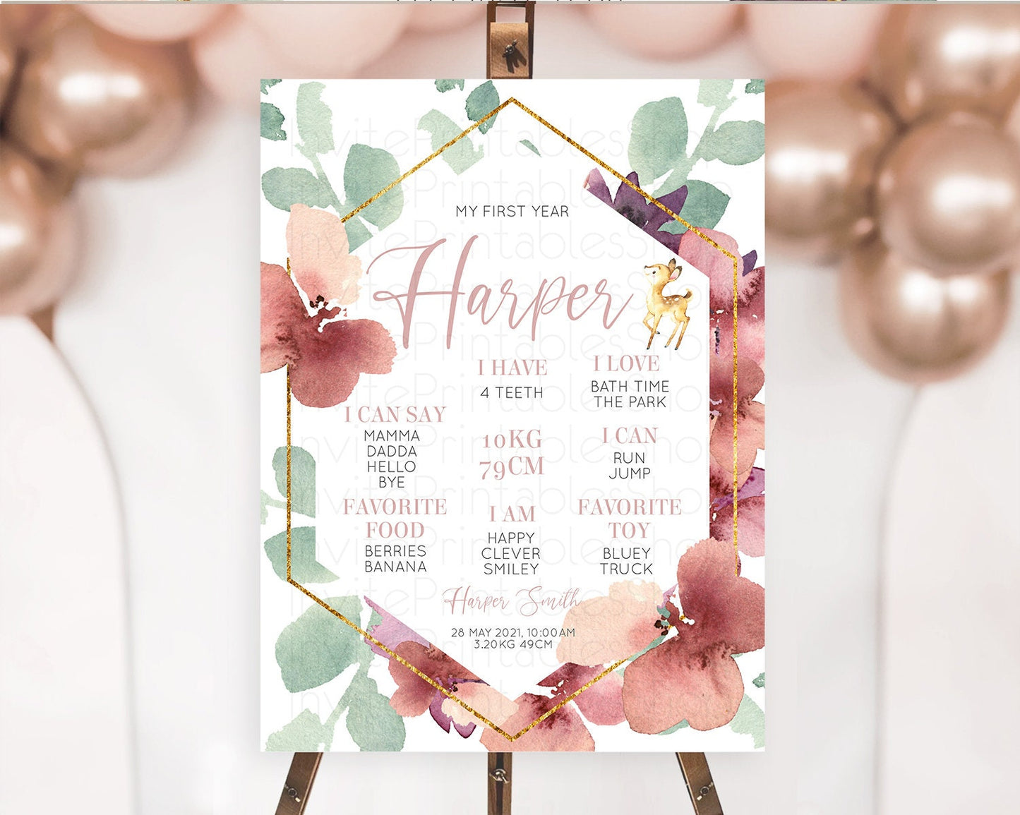 Fawn First Birthday Milestone Board Deer First Birthday Milestone Poster Enchanted Forest Butterfly Pastel Flowers 1st Birthday Sign D10915