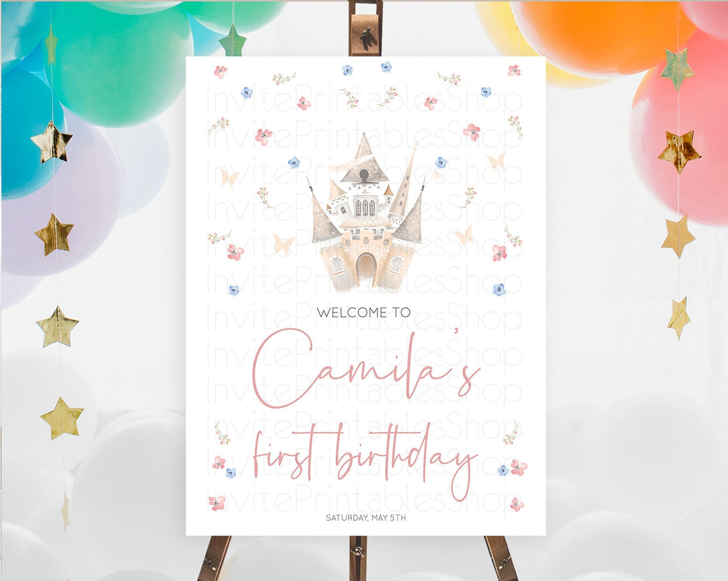 Princess Birthday Welcome Sign Castle Welcome Board Secret Garden Enchanted Castle Pastel Floral Garden First Birthday Welcome Sign D10364