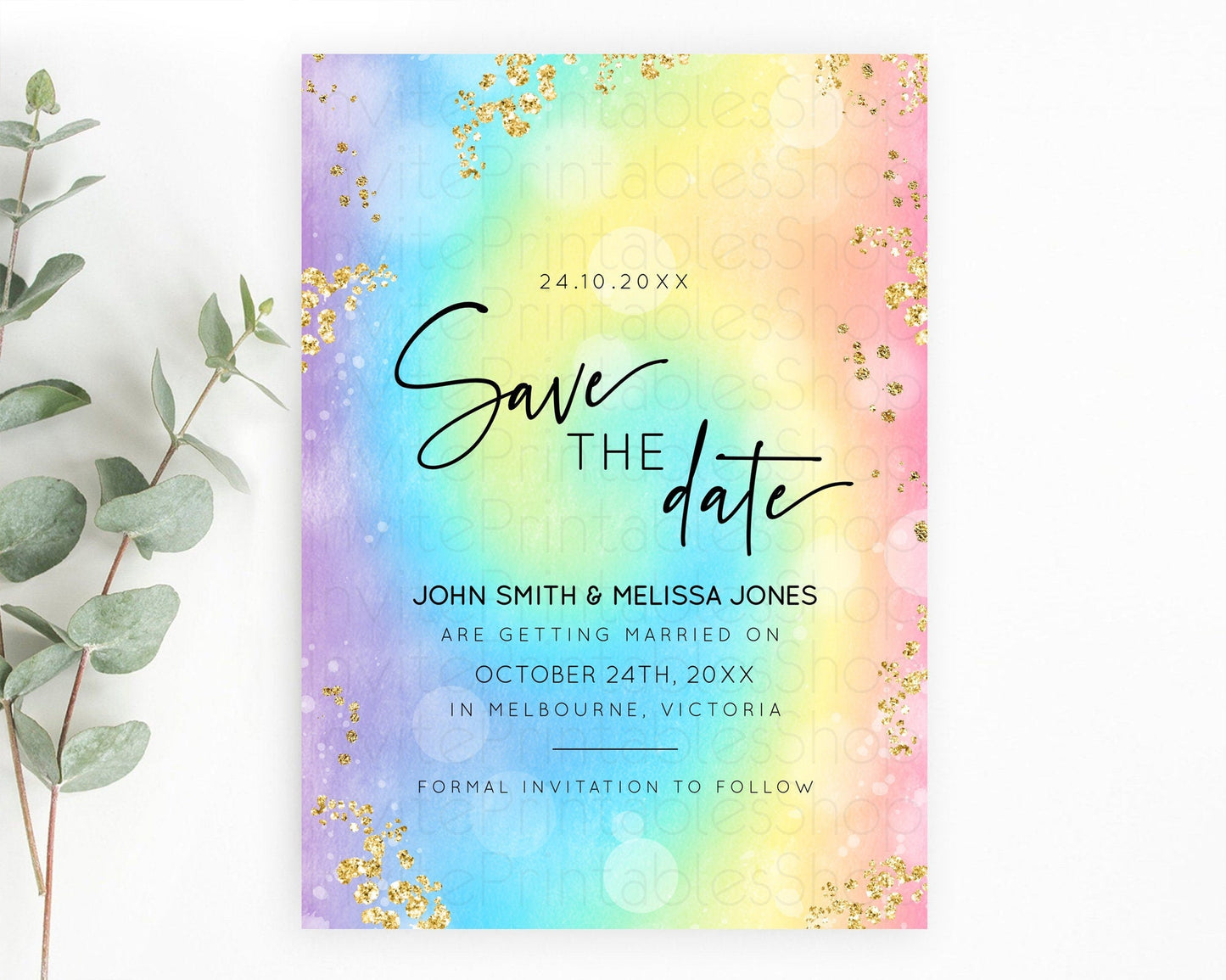Tie Dye Save The Date Template Rainbow Pastel Ombre Watercolor Party For 1st Birthday Baptism Baby Shower Bridal Shower Wedding D10568