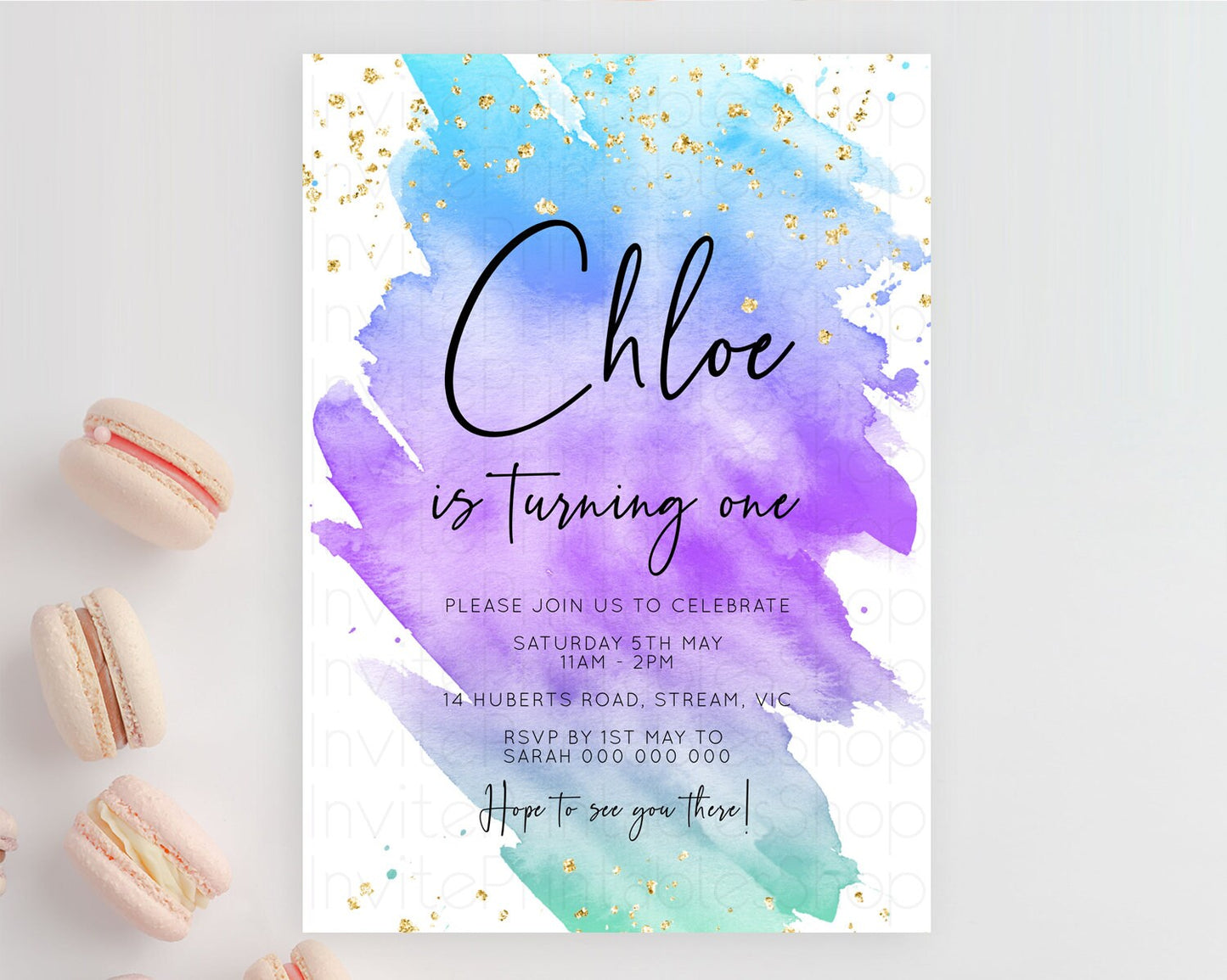 Rainbow Birthday Invitation Colorful Pastel Watercolor Invitation Gold Glitter Sprinkles Ombre Pastel 1st 2nd 3rd Birthday D10491