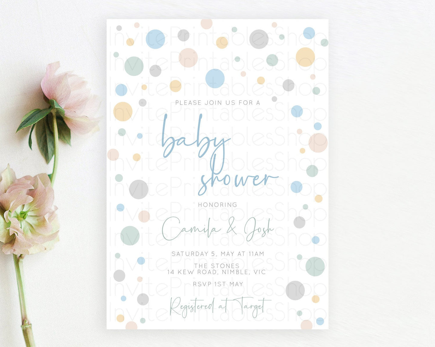 Confetti Baby Shower Invitation Soft Pastel Confetti Invitation Soft Blue, Pink Yellow and Green Confetti, Sprinkles, Bubbles Theme D11021