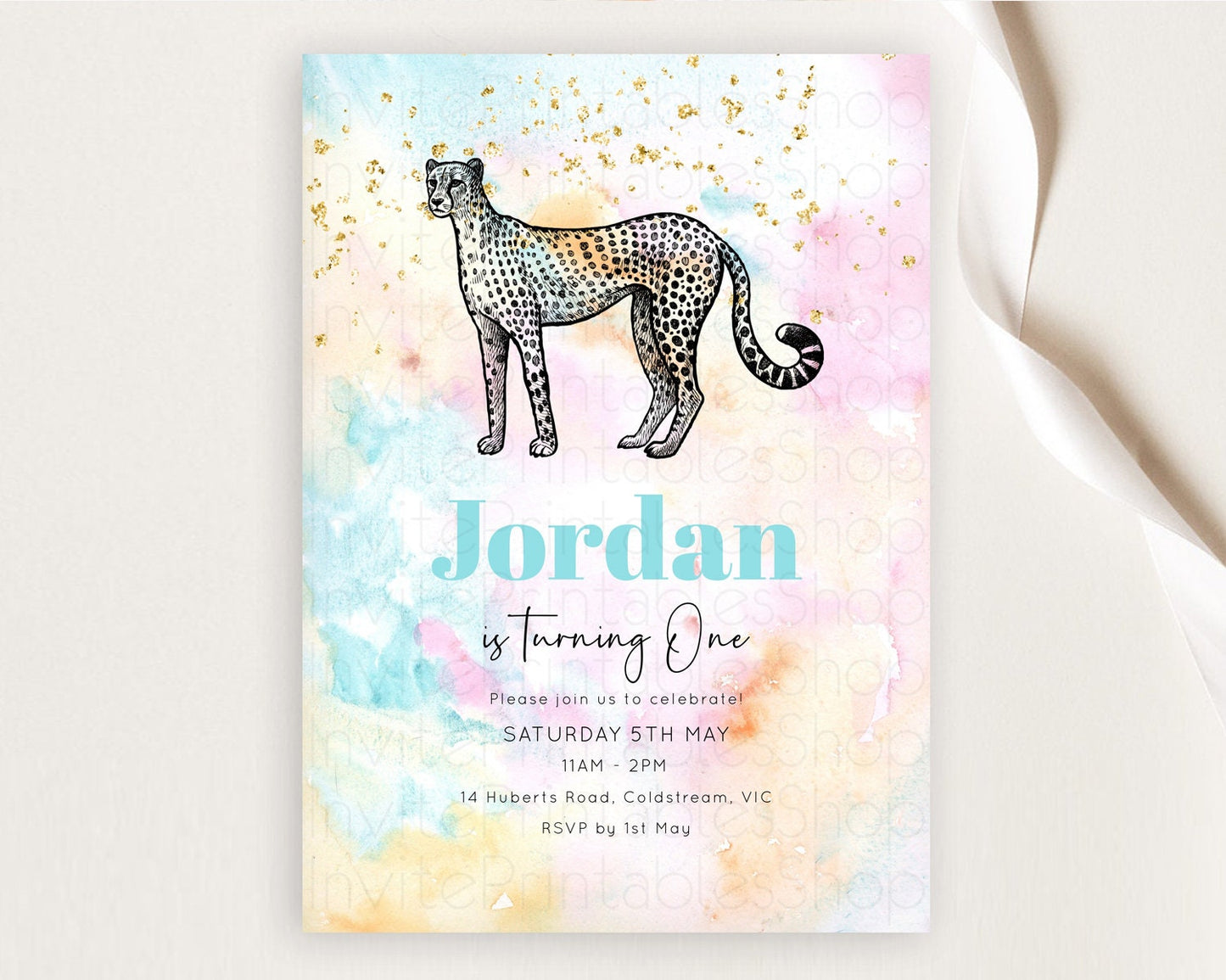 Cheetah Birthday Invitation Cheetah Invitation Cheetah Birthday Pastel Watercolor Cheetah Invitation Rainbow Cheetah Invitation D10289