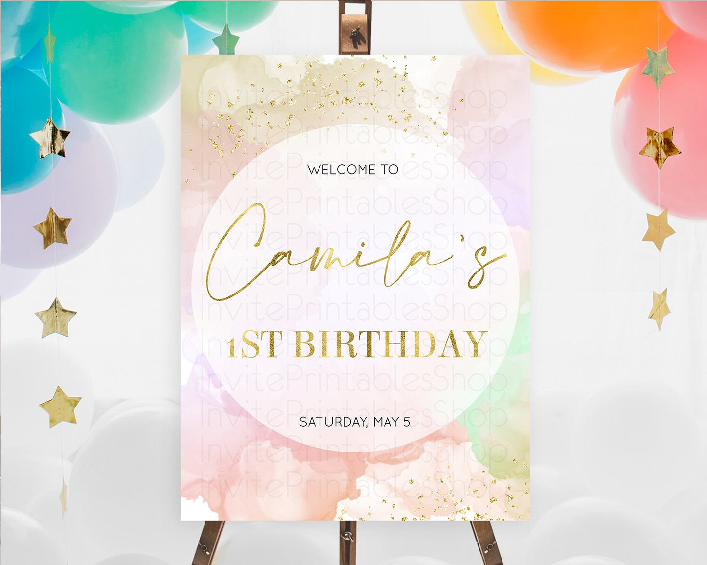 Pastel Welcome Sign Pastel Rainbow Welcome Sign Colorful Rainbow Confetti Watercolor Glitter Pastel First Birthday Welcome Sign D10627