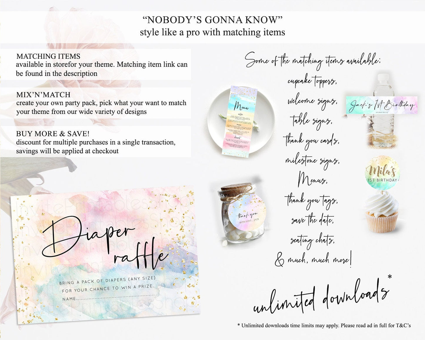 Pastel Diaper Raffle Card Pastel Rainbow Diaper Raffle Insert Colorful Ombre Watercolor Diaper Ticket Confetti Glitter Raffle Game D10263