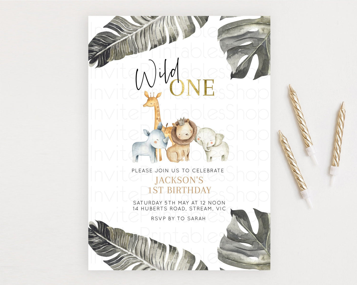 Editable Safari Birthday Invitation Lion Gorilla Elephant Rhino Tropical Pal