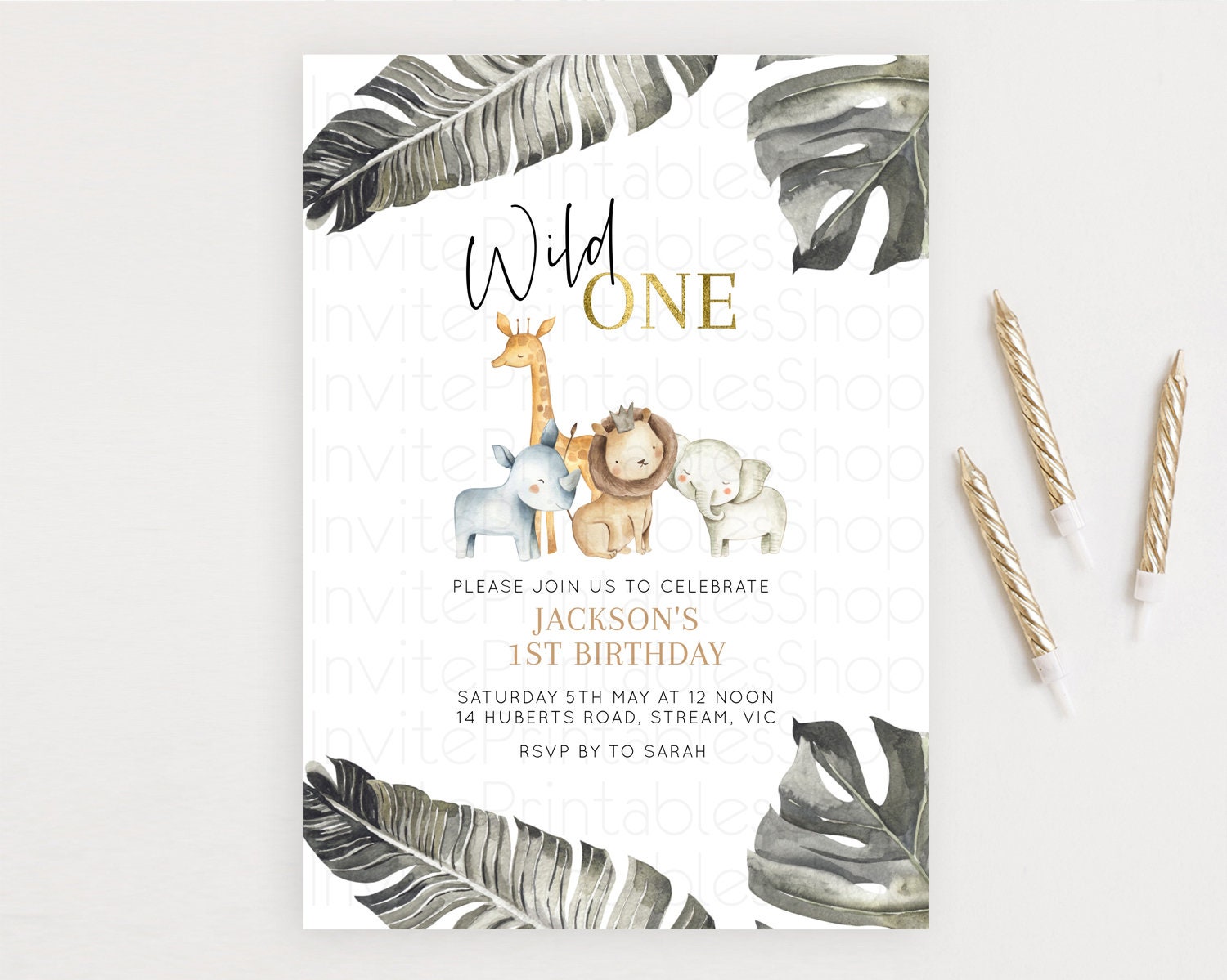 Editable Safari Birthday Invitation Lion Gorilla Elephant Rhino Tropical Pal