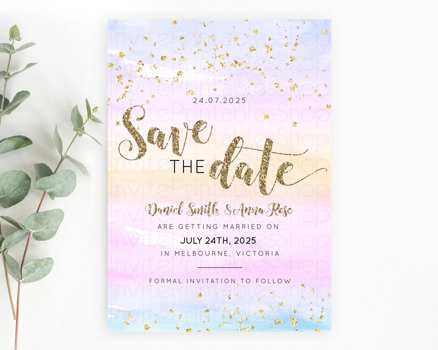 Pastel Save The Date Template Pastel Ombre Rainbow Watercolor Colorful Party For Birthday Baptism Baby Shower Wedding Bridal Shower D10595