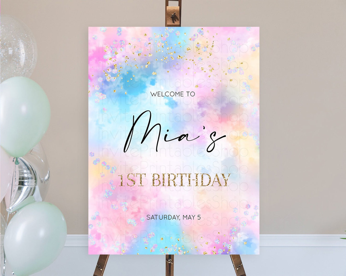 Pastel Welcome Sign Pastel Rainbow Welcome Sign Colorful Rainbow Confetti Watercolor Glitter Pastel First Birthday Welcome Sign D10607