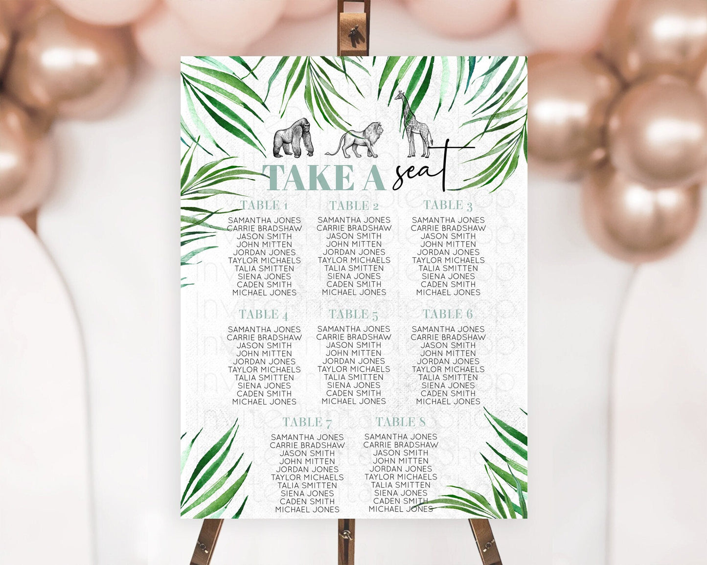 Safari Seating Chart Lion Gorilla Elephant Rhino Tropical Palm Decor Jungle Safari Adventure Zoo Take A Seat Sign D10853
