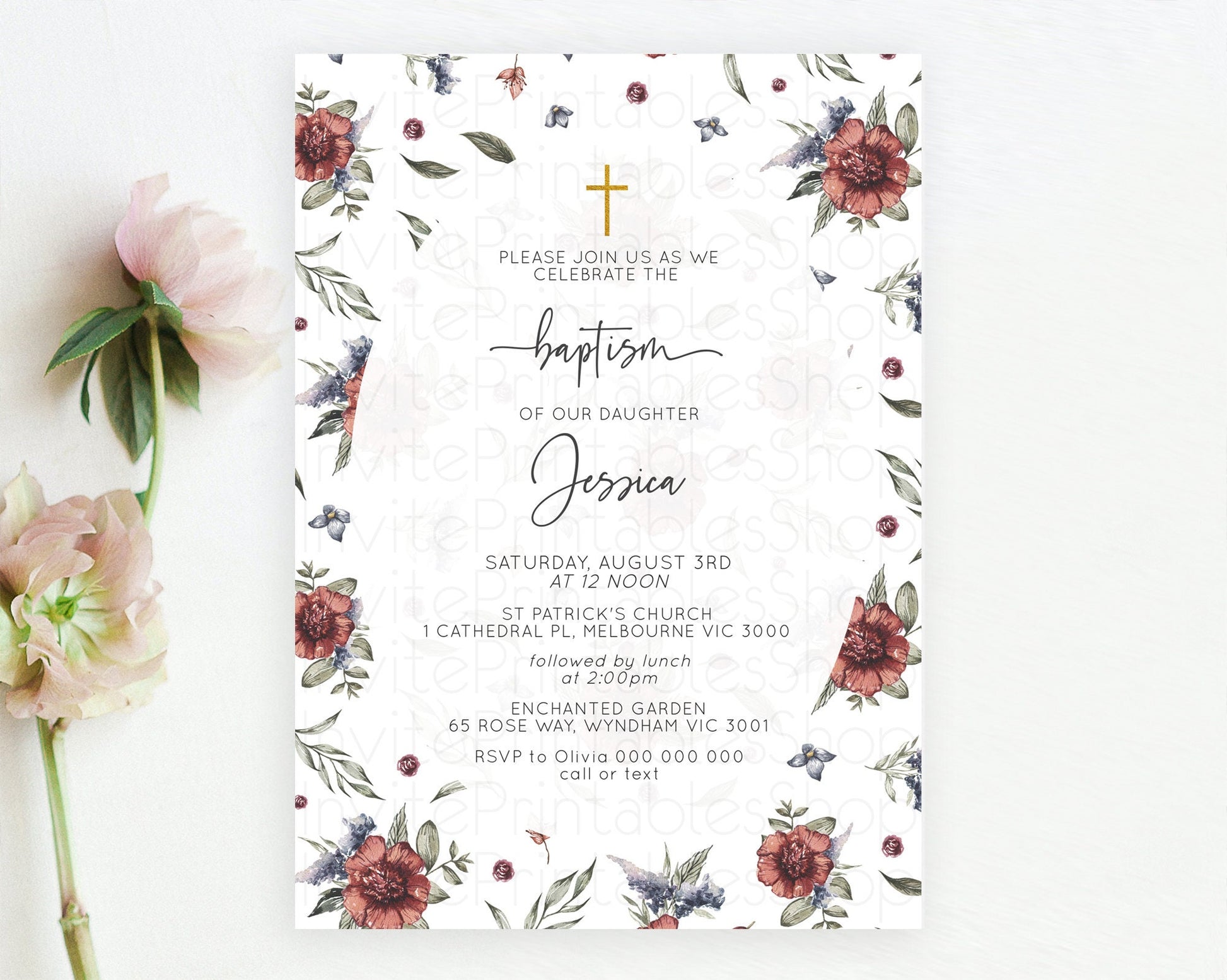 Editable Secret Garden Baptism Invitation Wildflower Baptism Birthday Invite