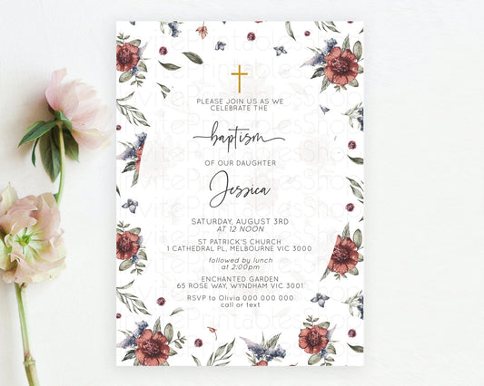 Editable Secret Garden Baptism Invitation Wildflower Baptism Birthday Invite