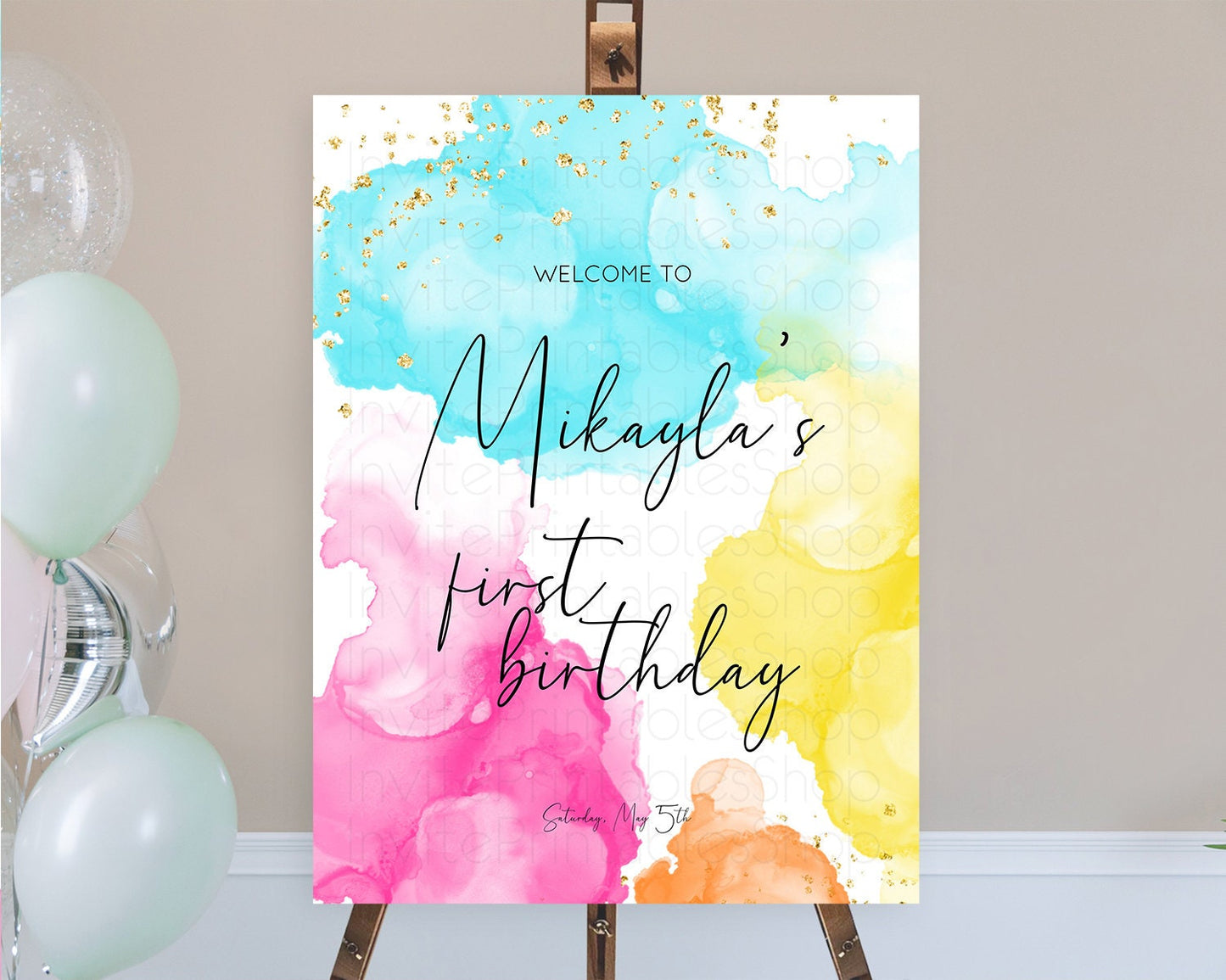 Pastel Welcome Sign Pastel Rainbow Welcome Sign Colorful Rainbow Confetti Watercolor Glitter Pastel First Birthday Welcome Sign D10898