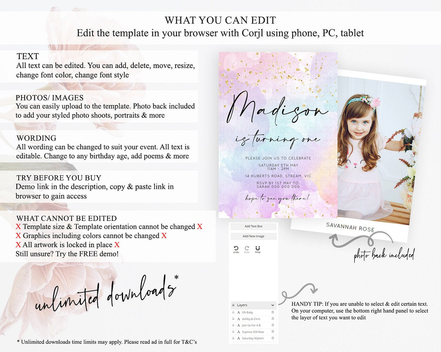 Rainbow Birthday Invitation Colorful Pastel Watercolor Invitation Gold Glitter Sprinkles Ombre Pastel 1st 2nd 3rd Birthday D10623