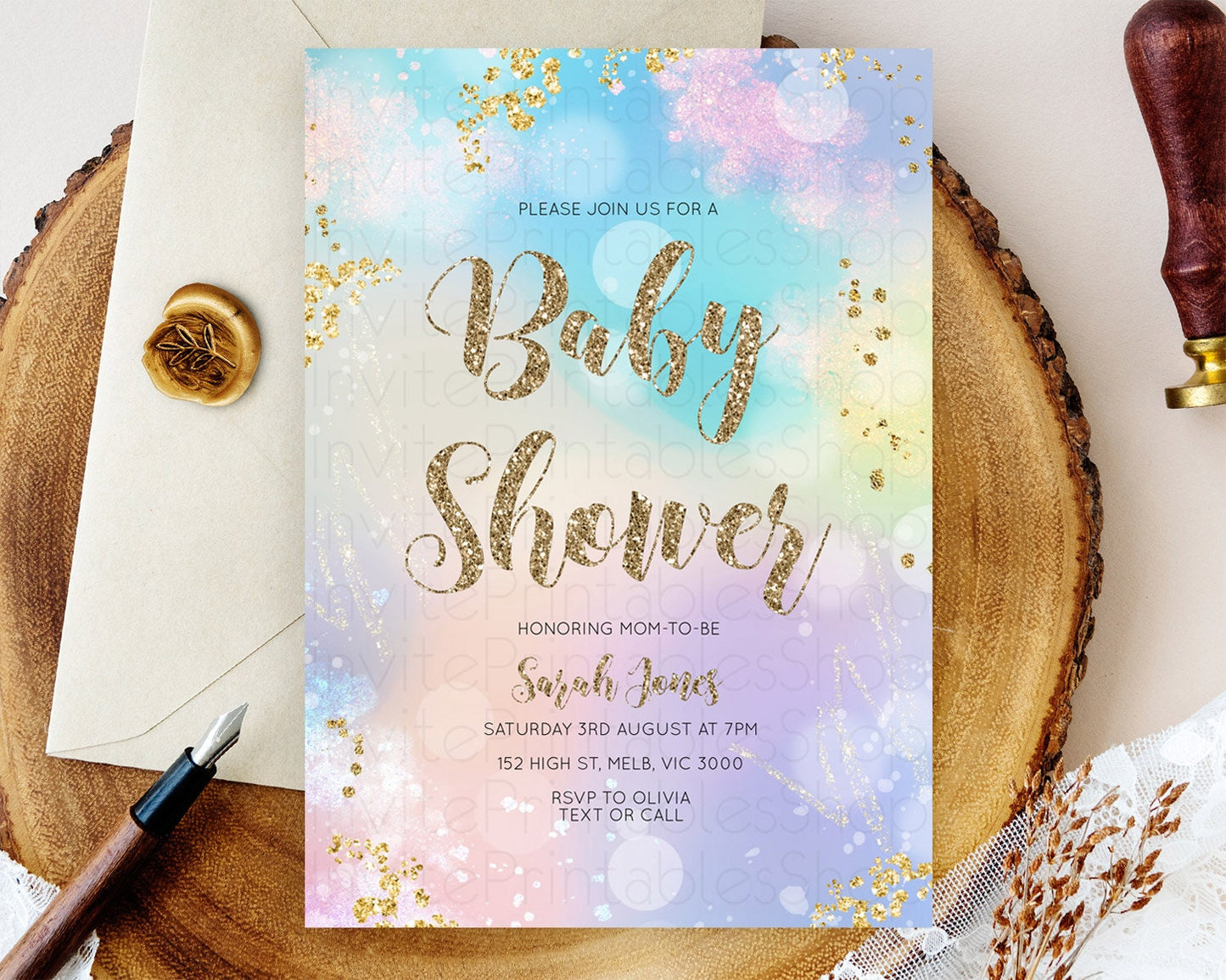 Editable Pastel Rainbow Baby Shower Invitation, Pastel Watercolor with Iride