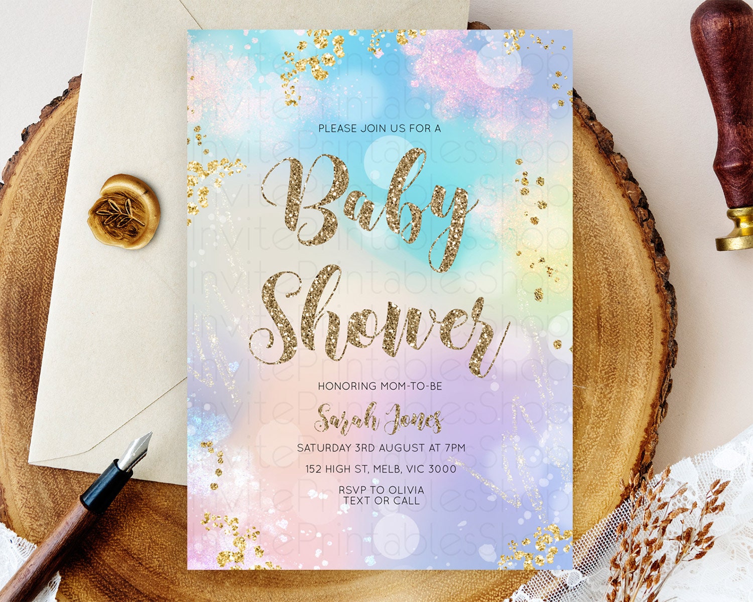Editable Pastel Rainbow Baby Shower Invitation, Pastel Watercolor with Iride