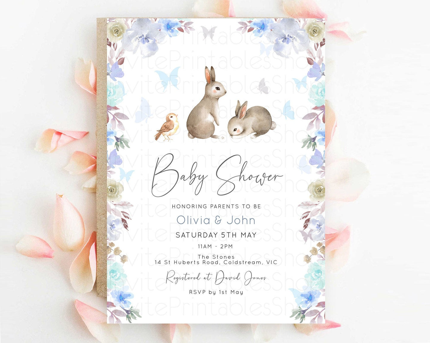 Bunny Baby Shower Invitation: Enchanted Forest, Secret Garden, Pastel Blue Floral, White, Grey, Rabbit, Butterfly, Woodland Theme D10927