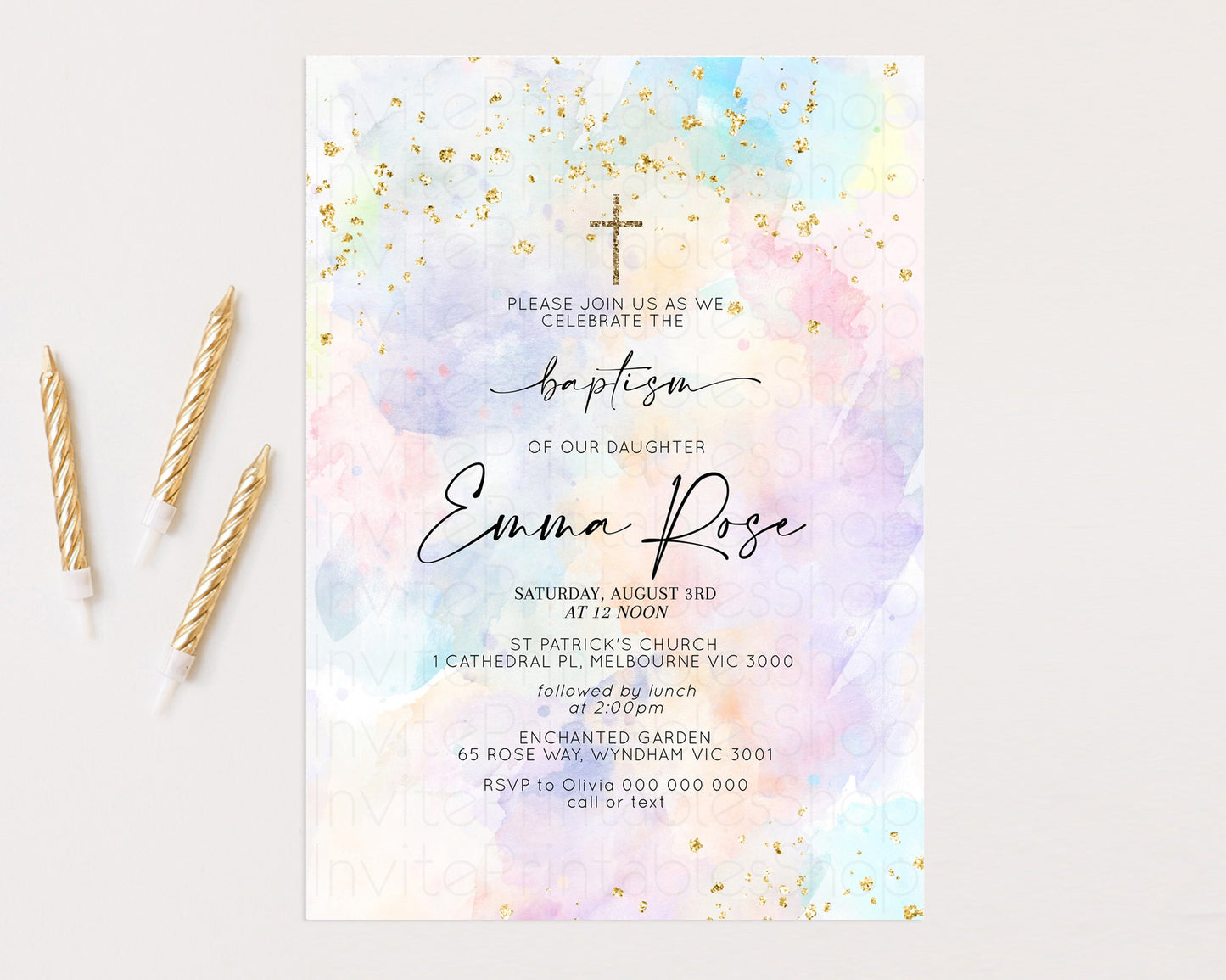 Pastel Baptism Invitation Rainbow Christening Invitation Holy Communion Invite Baptism 1st Birthday Sprinkles Ombre Watercolor Splash