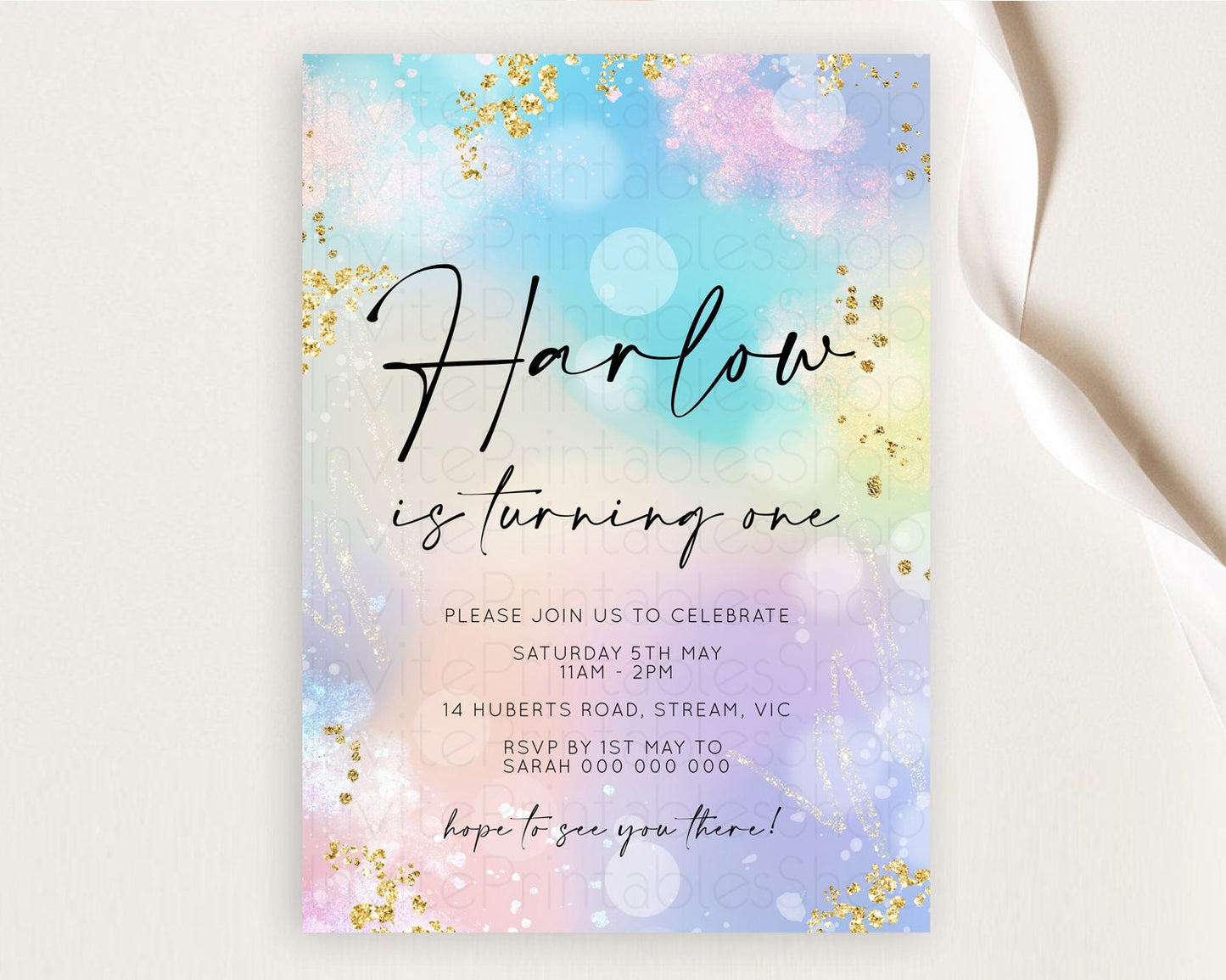 Rainbow Birthday Invitation Colorful Pastel Watercolor Invitation Gold Glitter Sprinkles Ombre Pastel 1st 2nd 3rd Birthday D10675