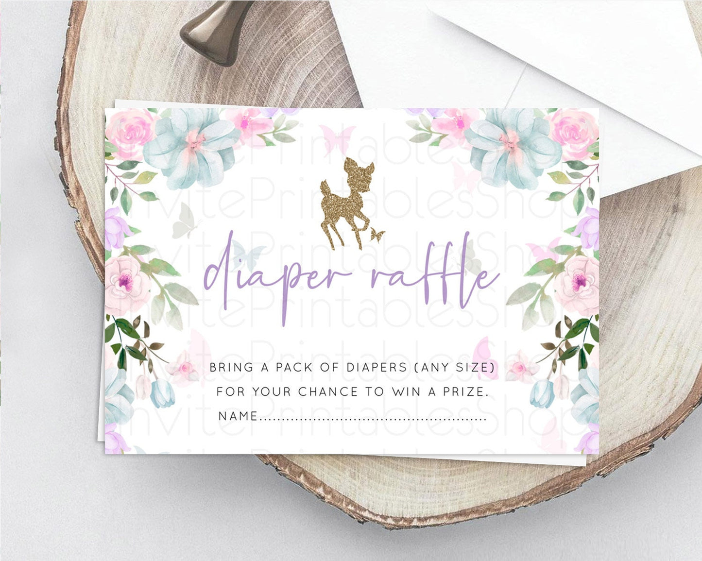 Fawn Diaper Raffle Card Deer Diaper Insert Floral Deer Diaper Ticket Enchanted Forest Butterfly Pastel Baby Shower Raffle Game D10476