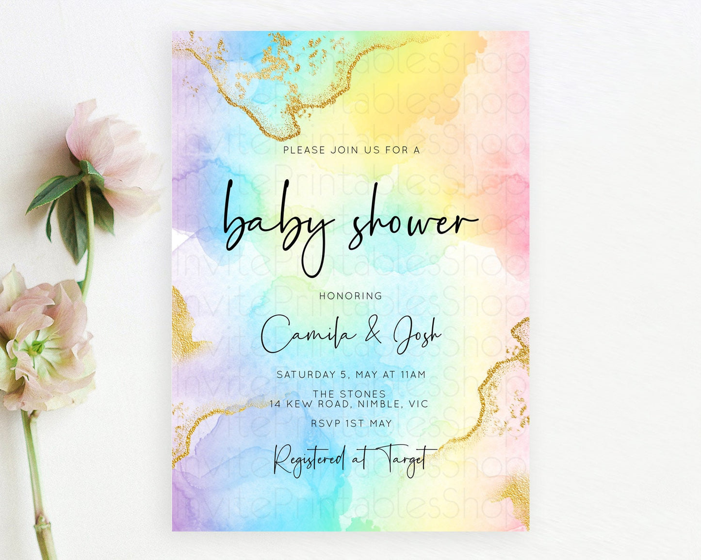 Pastel Baby Shower Invitation Rainbow Baby Shower Invitation Colorful Pastel Watercolor Invitation Gold Glitter Sprinkles Ombre D10588