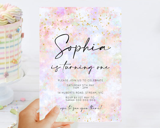 Rainbow Birthday Invitation Colorful Pastel Watercolor Invitation Gold Glitter Sprinkles Ombre Pastel 1st 2nd 3rd Birthday D10649