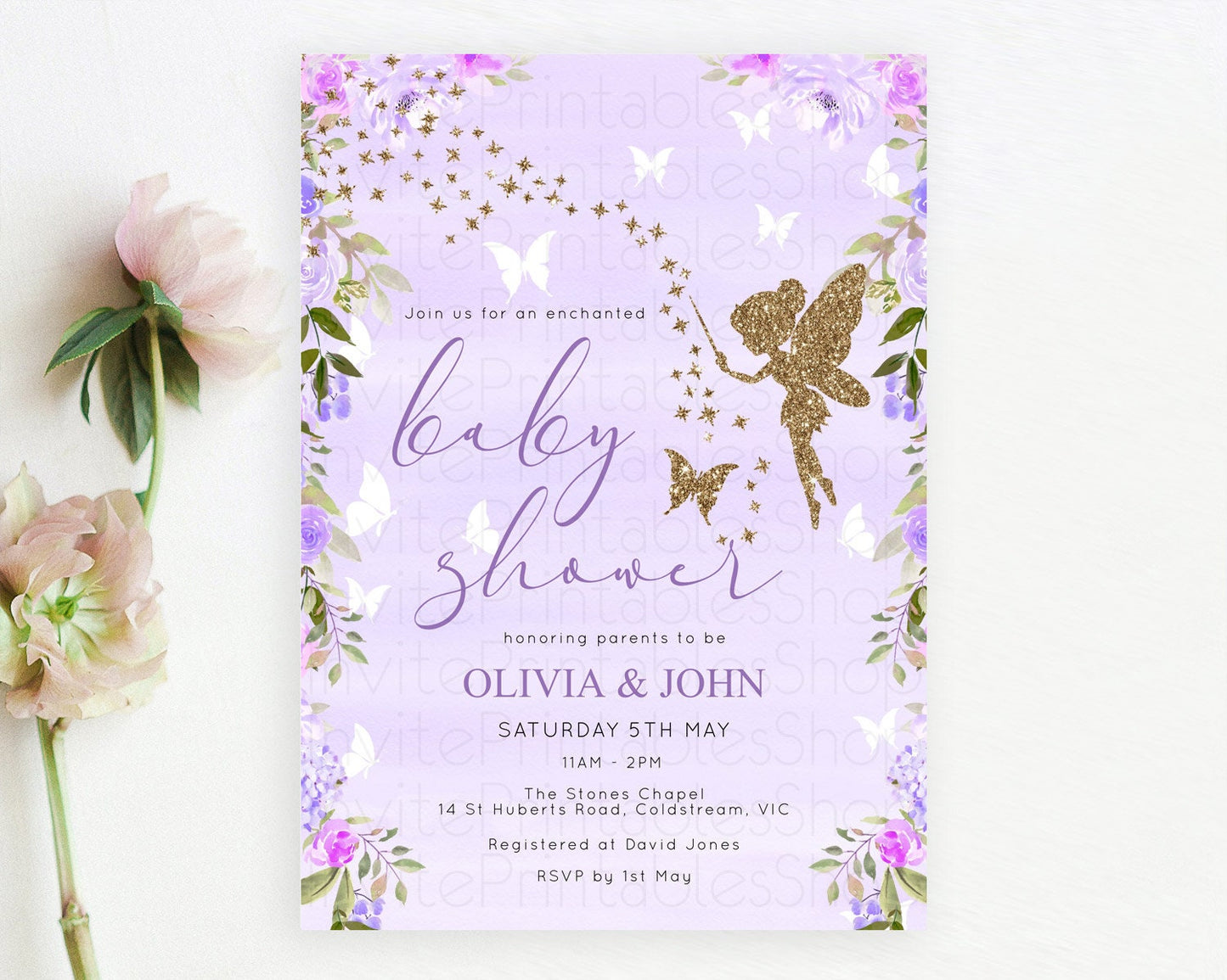 Fairy Baby Shower Invitation, Enchanted Fairy Garden, Secret Garden, Pixie Tea Party, Pastel Purple Flowers, Glitter and Butterflies D10910