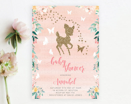 Fawn Baby Shower Invitation, Enchanted Forest, Deer, Whimsical Butterfly, Pastel Flowers, Orange Watercolor, Glitter, Magical Accents D10873