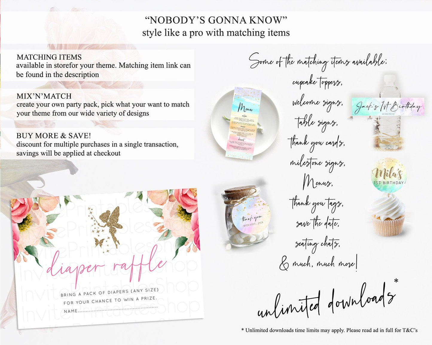 Fairy Diaper Raffle Card Fairy Diaper Insert Enchanted Garden Fairy Diaper Ticket Pastel Floral Butterfly Secret Garden Raffle Game D10883