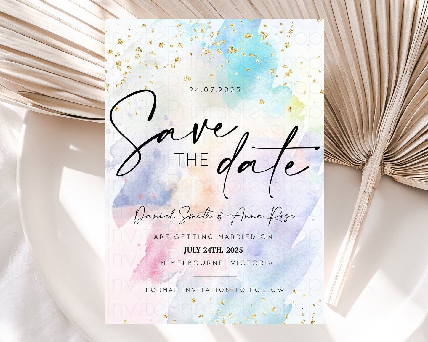 Pastel Save The Date Template Pastel Ombre Rainbow Watercolor Colorful Party For Birthday Baptism Baby Shower Wedding Bridal Shower D10420