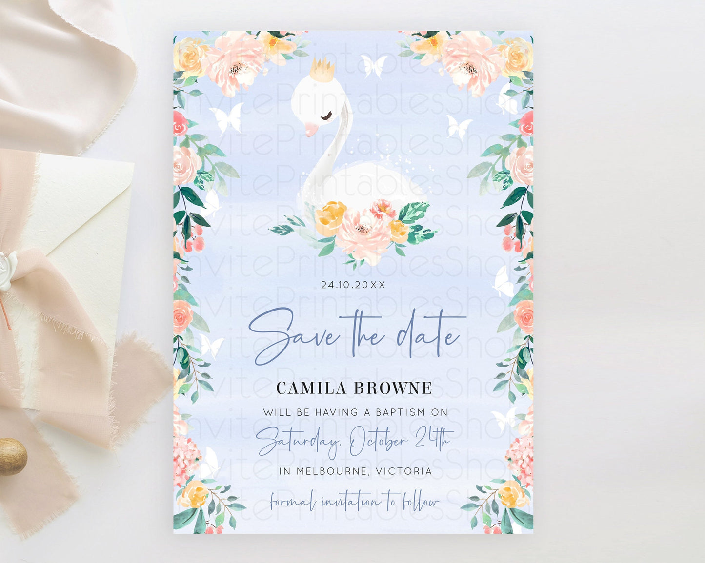 Editable Swan Save The Date Template Swan Princess Ballet Party Enchanted Sw