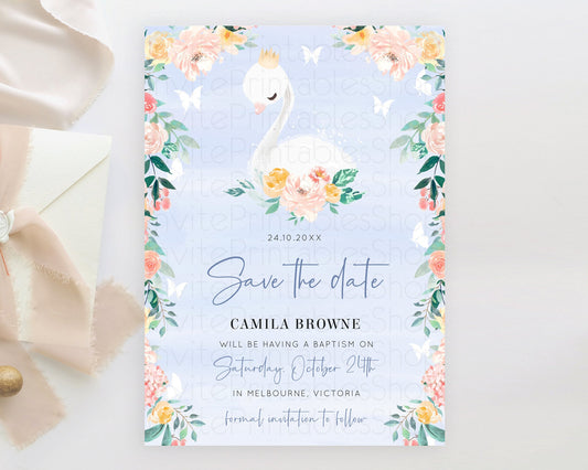 Editable Swan Save The Date Template Swan Princess Ballet Party Enchanted Sw