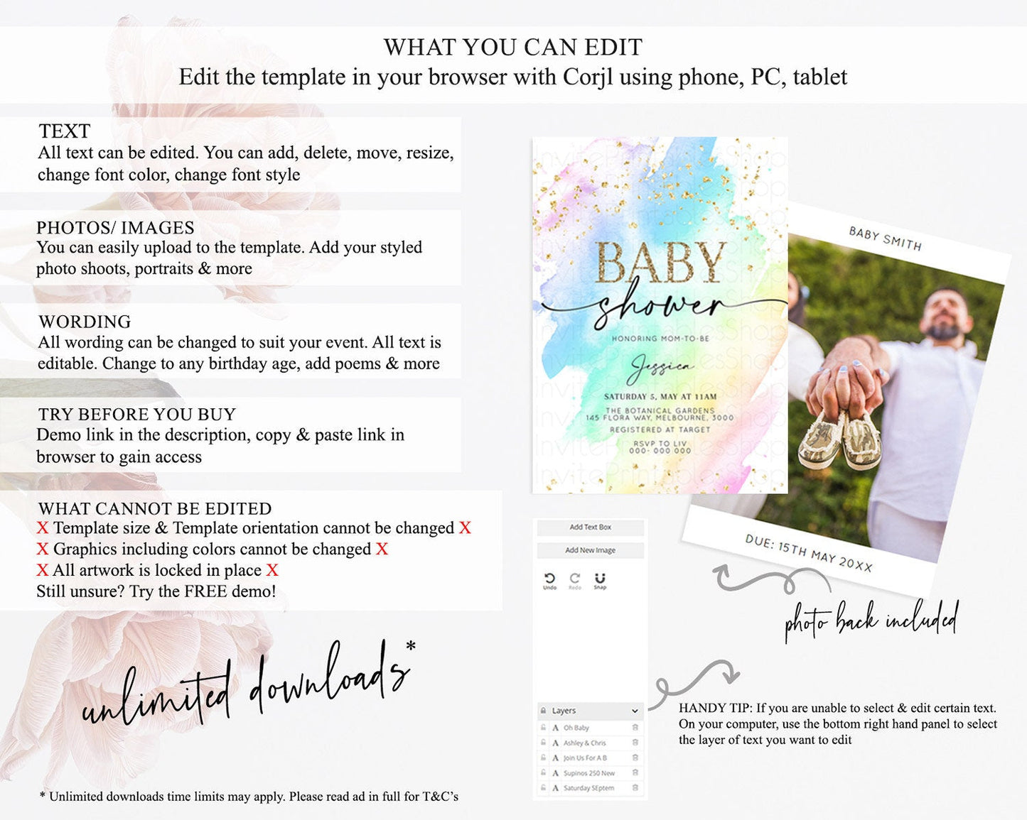 Pastel Baby Shower Invitation Rainbow Baby Shower Invitation Colorful Pastel Watercolor Invitation Gold Glitter Sprinkles Ombre D10640