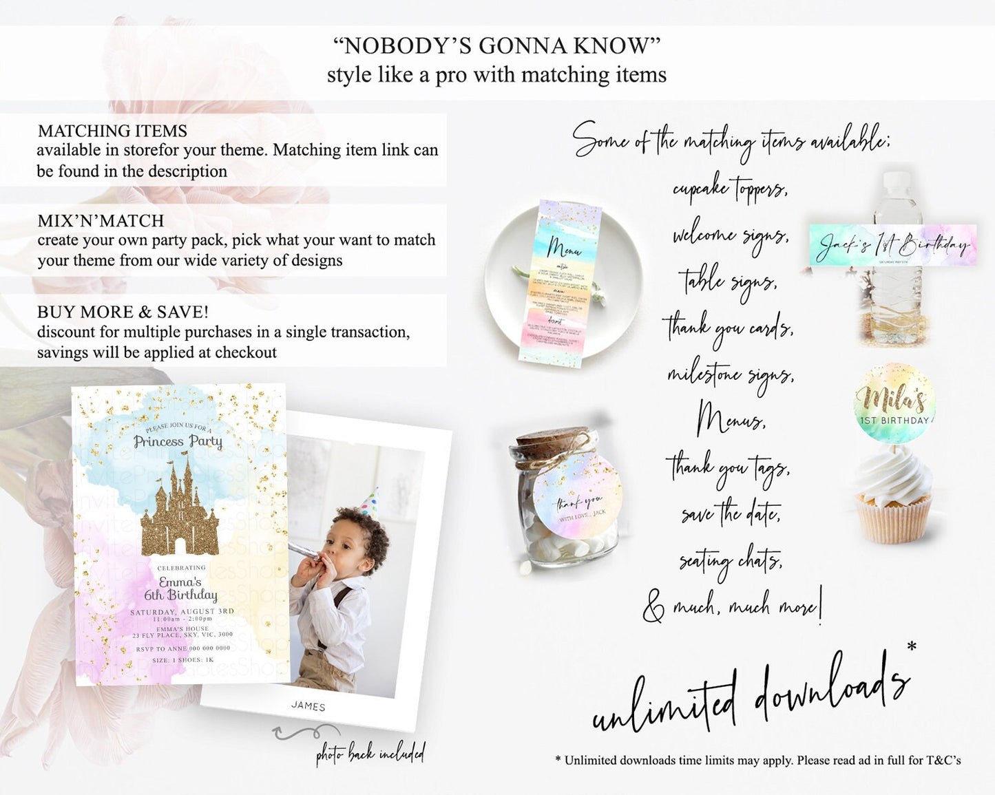 Princess Birthday Invitation Princess Invitation Pastel Invitation Royal Birthday Rainbow Color Enchanted Castle 1st First Birthday D10154