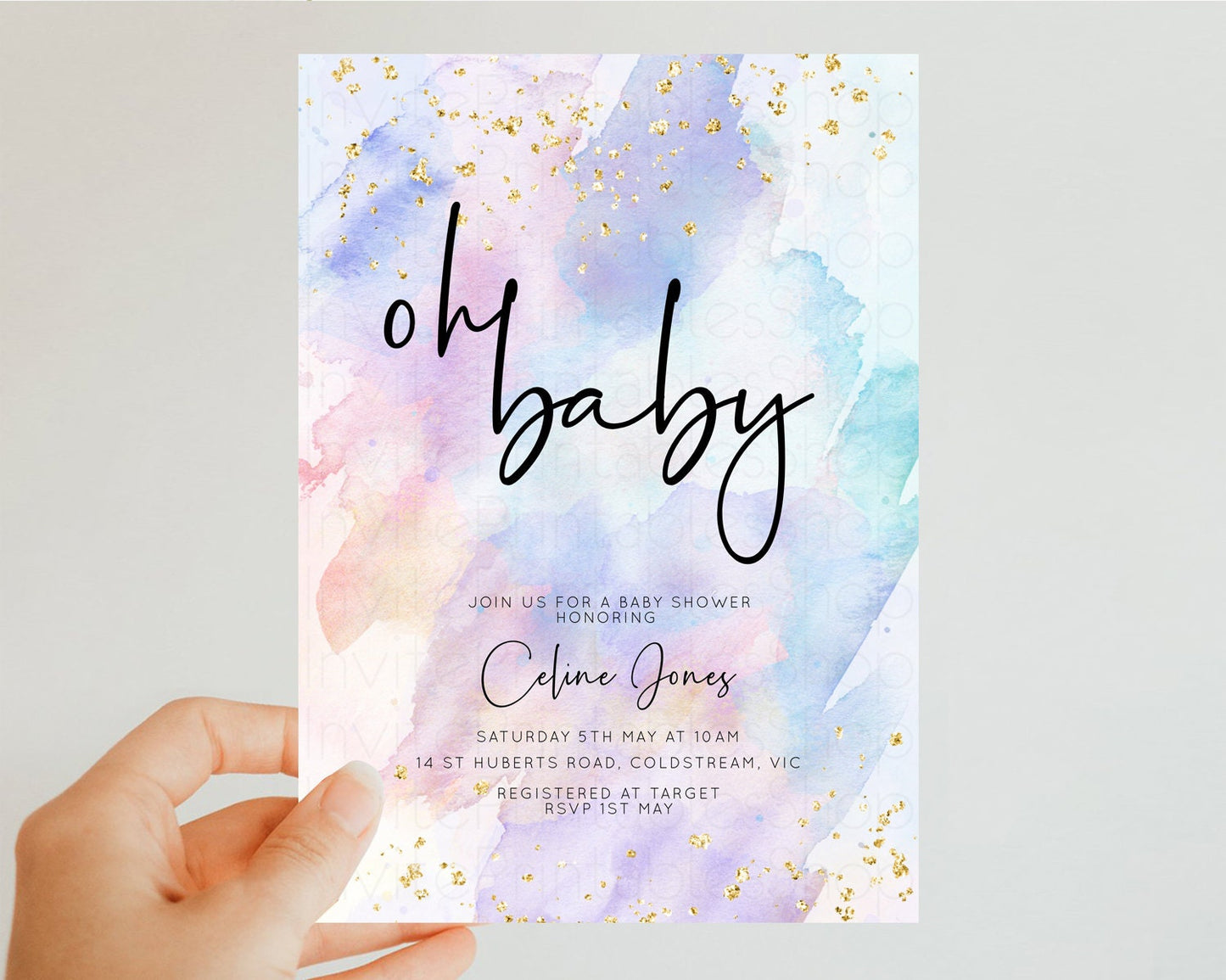 Rainbow Baby Shower Invitation Watercolor Pastel Invitation Colorful Splash Baby Invite Gold Glitter Sprinkles Ombre Gender Reveal t576