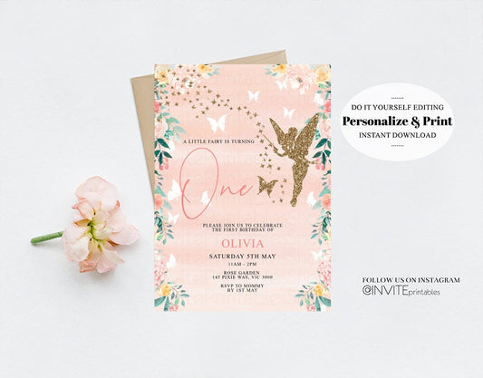 Editable Fairy Birthday Invitations Garden Fairy Invites Tinkerbell Floral G