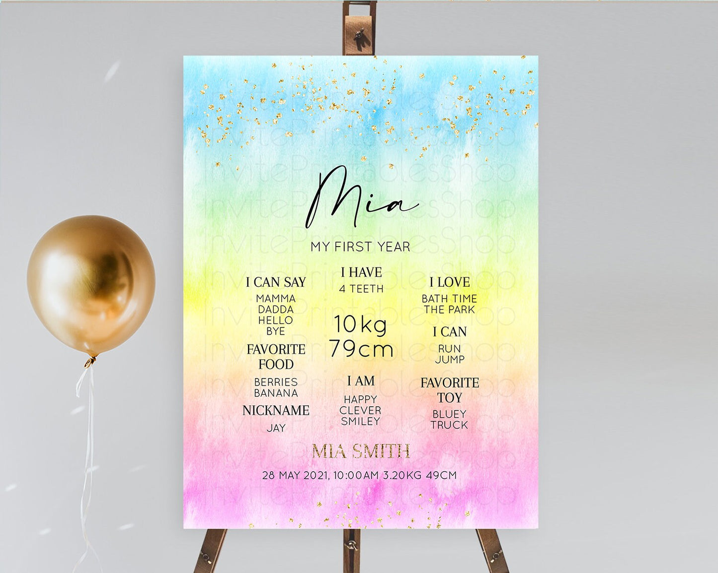 Pastel First Birthday Milestone Board Pastel Rainbow Milestone Poster Colorful Confetti Watercolor Glitter 1st Birthday Welcome Sign D10483