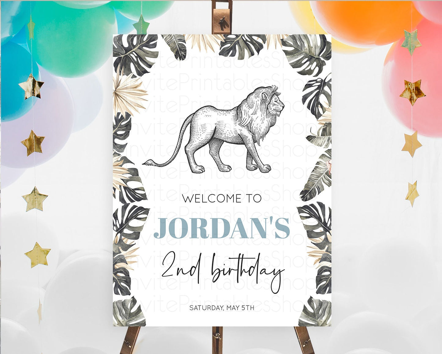 Lion Welcome Sign Lion Welcome Board Lion Party Welcome Poster Dried Palm Fern Safari Party Decor Lion First Birthday Welcome Sign D10807