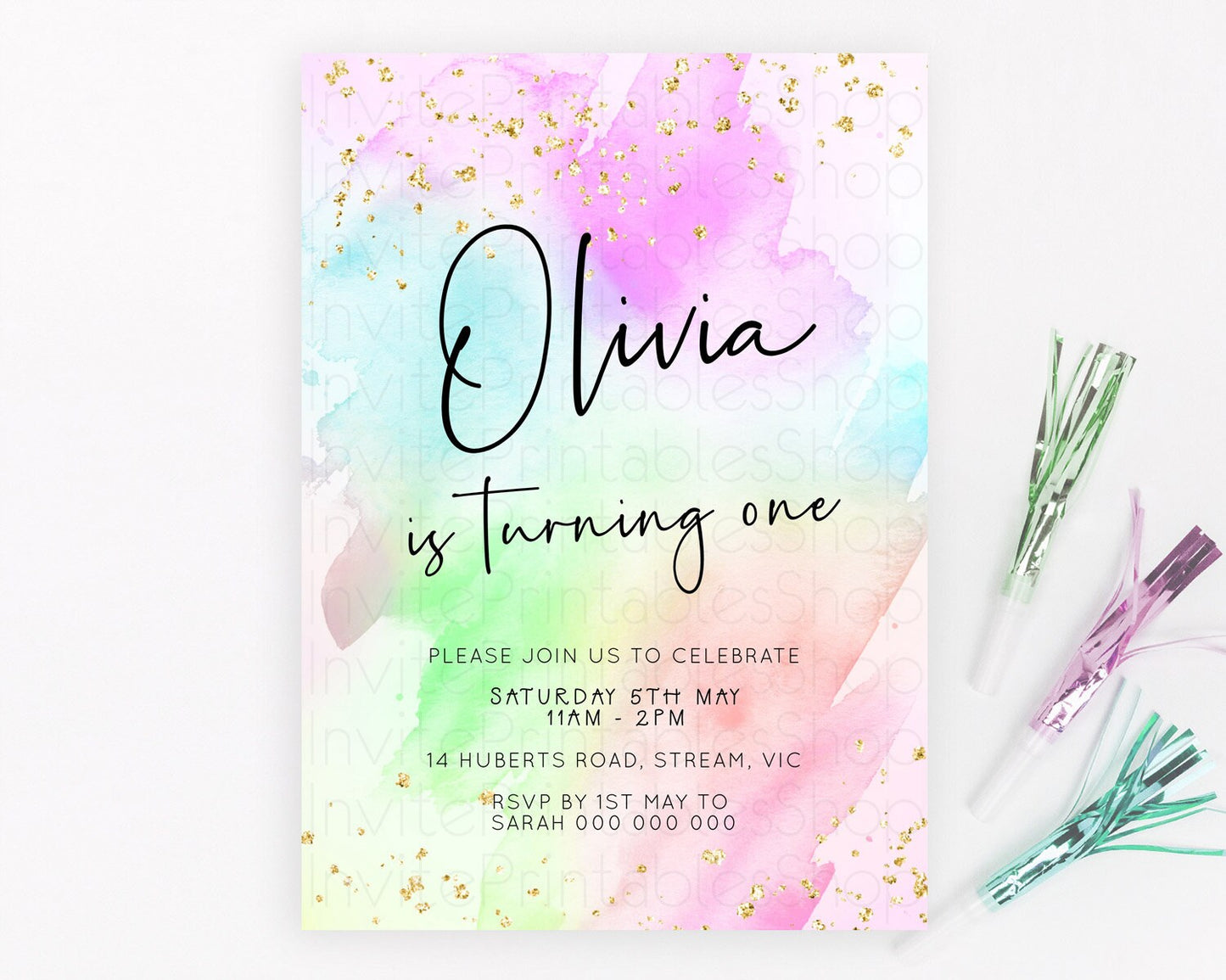 Pastel Birthday Invitation Ombre Watercolor Birthday Invitation Glitter Rainbow Color Splash 1st 2nd 3rd Birthday Invitation D23072