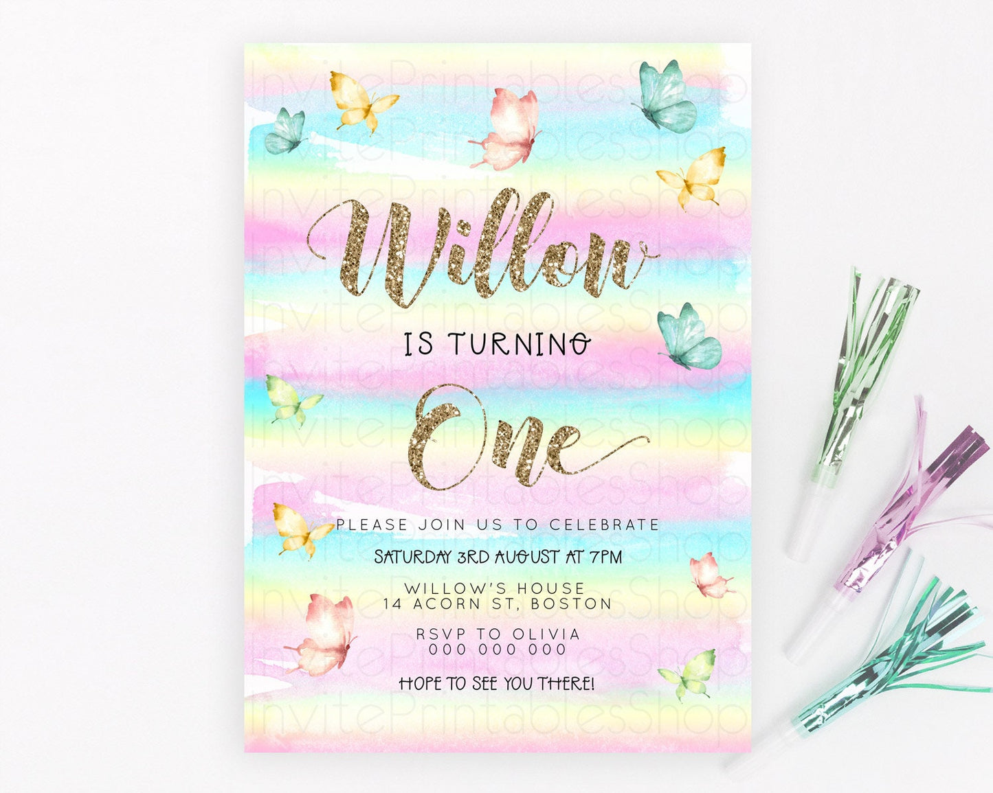 Pastel Butterfly Birthday Invitation Butterfly Birthday Invitation Colorful Splash Glitter Butterfly Garden 1st 2nd Birthday D23218