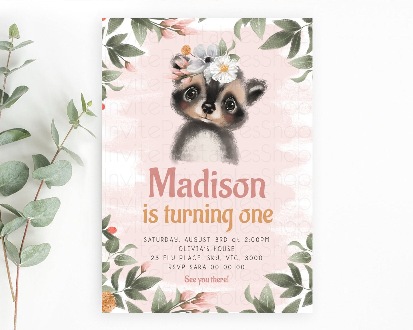 Raccoon Birthday Invitation Raccoon Invite Enchanted Forest Adventure Birthday Woodland Invitation Baby Raccoon 1st First Birthday D10632