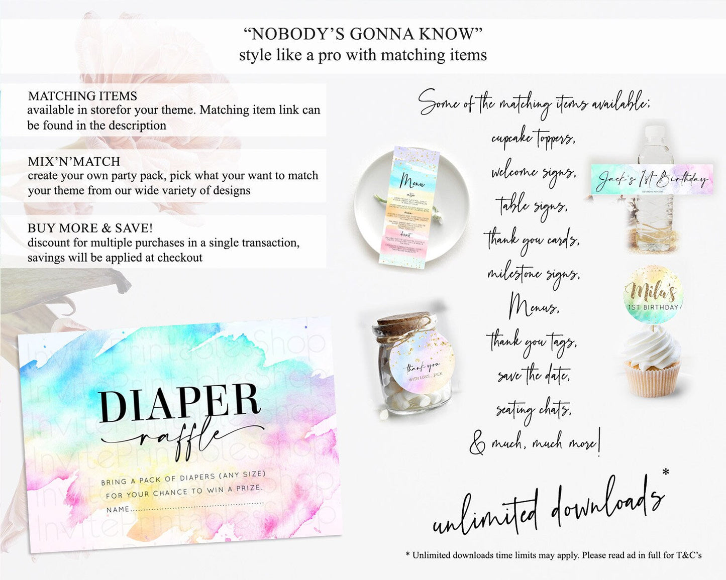 Pastel Diaper Raffle Card Pastel Rainbow Diaper Raffle Insert Colorful Ombre Watercolor Diaper Ticket Confetti Glitter Raffle Game D11020