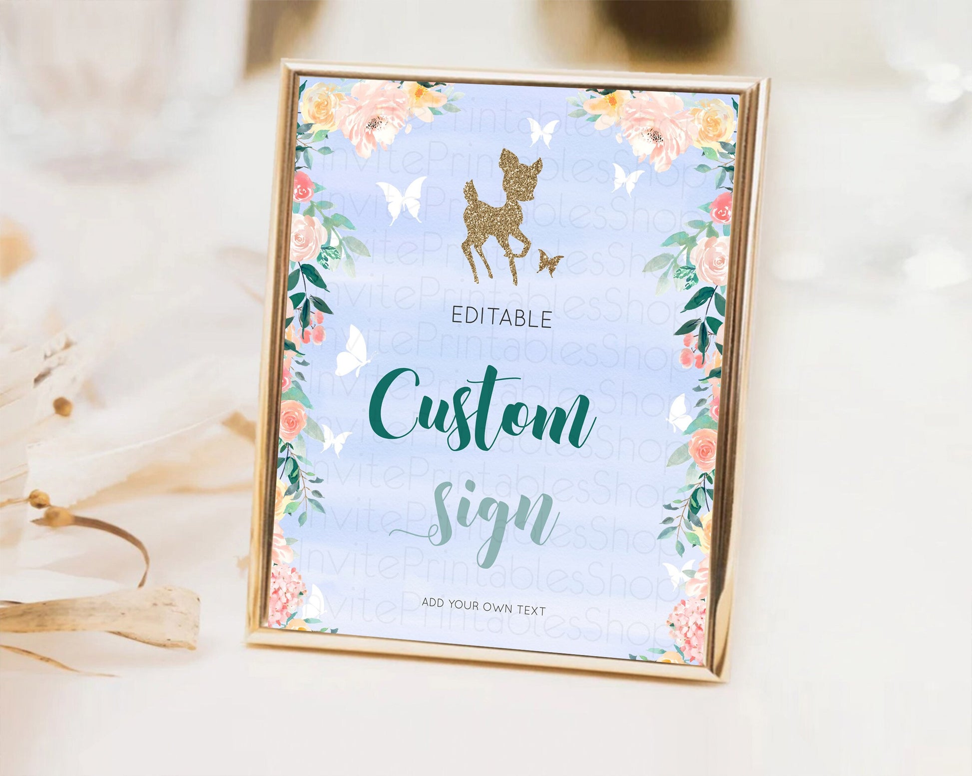 Editable Fawn Deer Sign Pastel Floral Deer Table Sign Decor Enchanted Forest