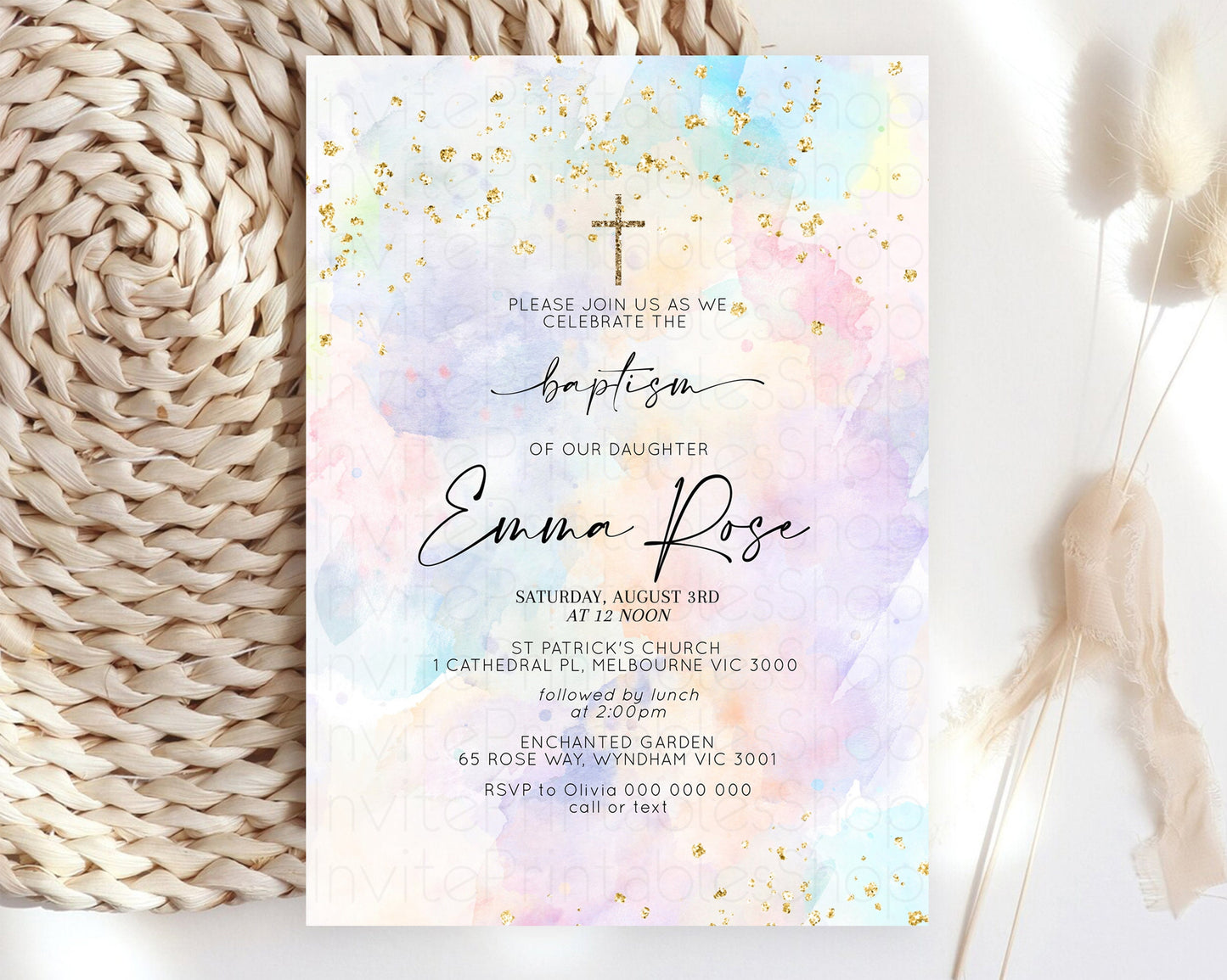 Pastel Baptism Invitation Rainbow Christening Invitation Holy Communion Invite Baptism 1st Birthday Sprinkles Ombre Watercolor Splash