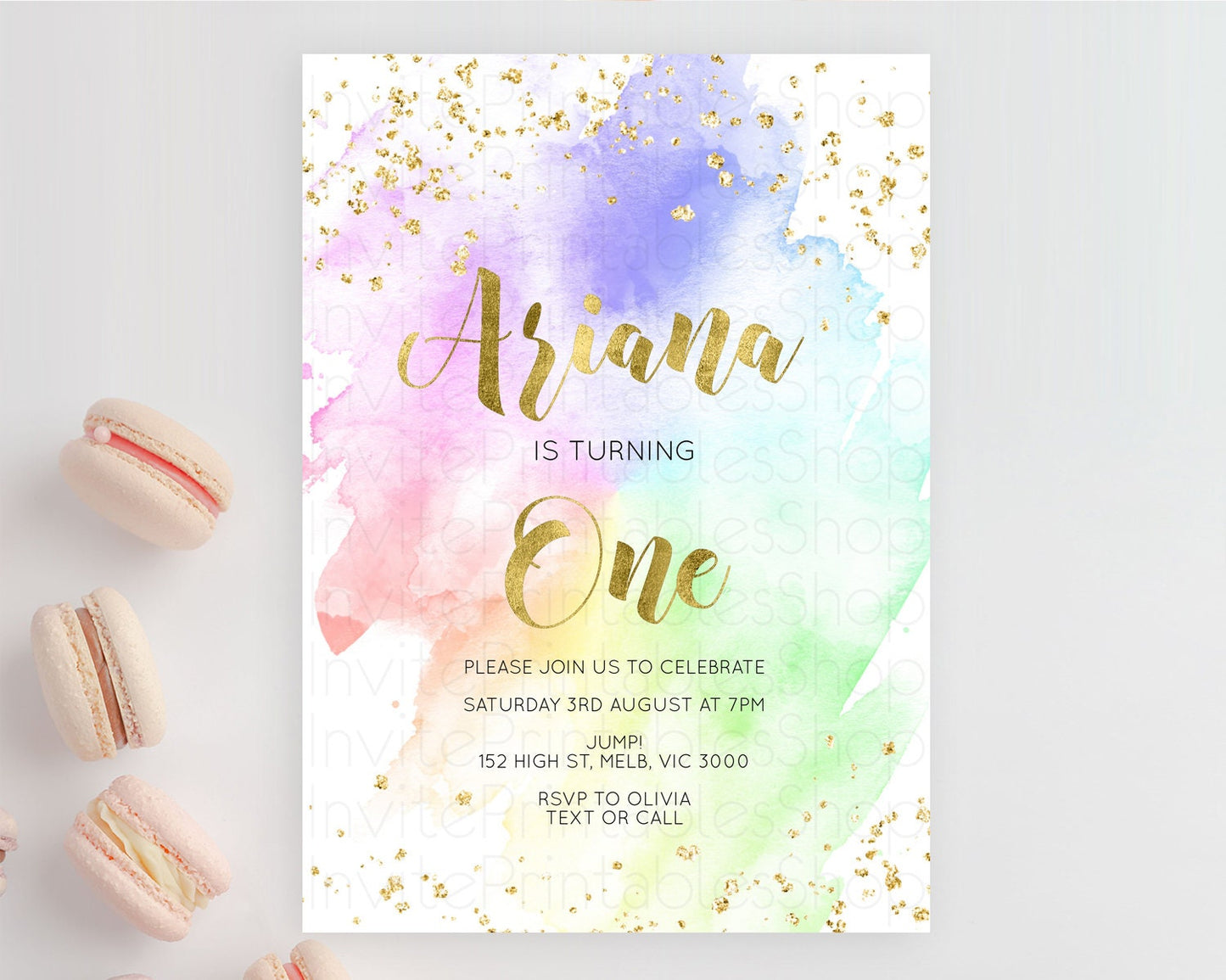 Rainbow Birthday Invitation Colorful Pastel Watercolor Invitation Gold Glitter Sprinkles Ombre Pastel 1st 2nd 3rd Birthday D10876