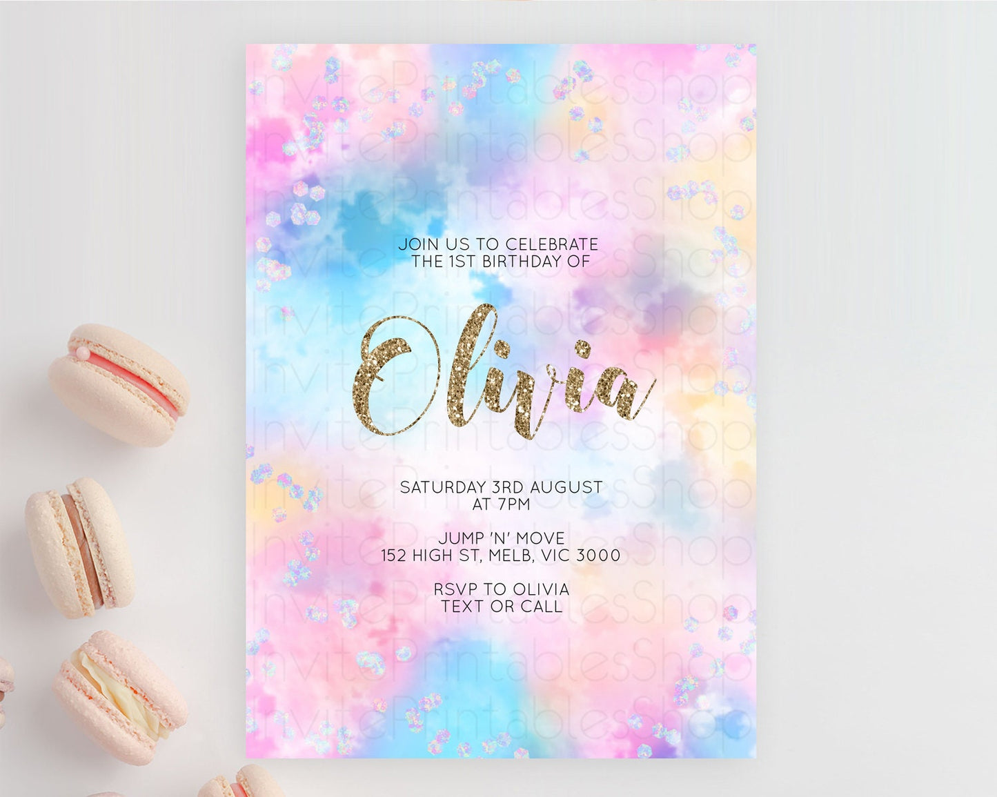 Rainbow Birthday Invitation Colorful Pastel Watercolor Invitation Gold Glitter Sprinkles Ombre Pastel 1st 2nd 3rd Birthday D10608