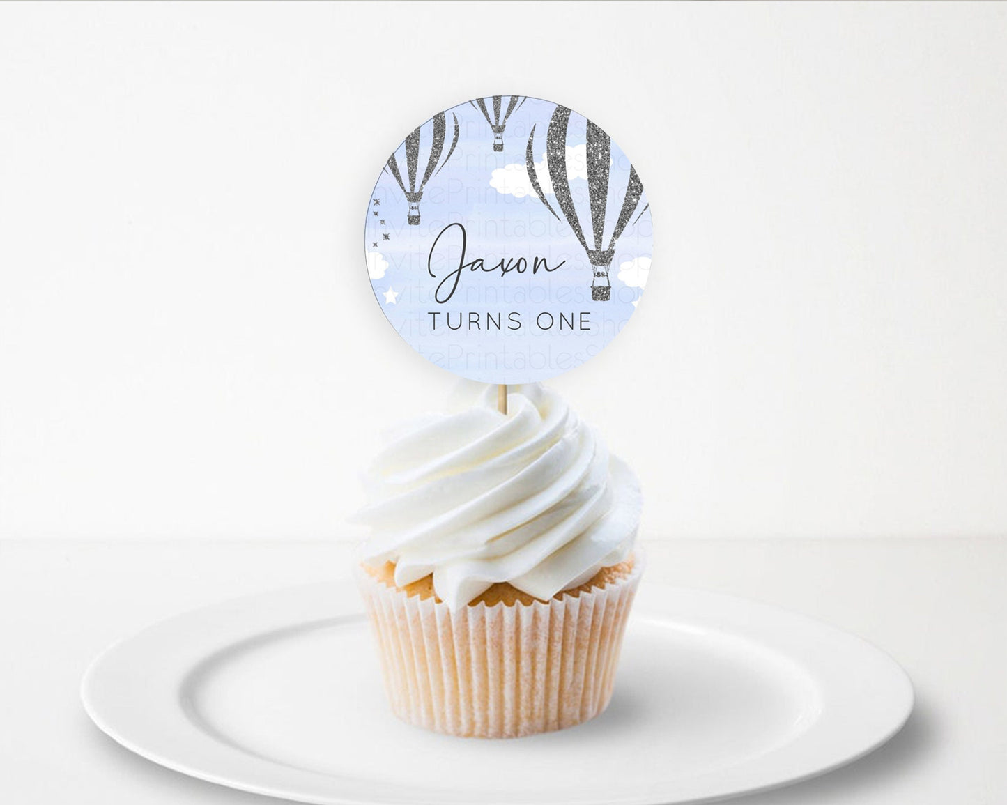 Editable Hot Air Balloon Cupcake Toppers Adventure Awaits Up & Away Glitter