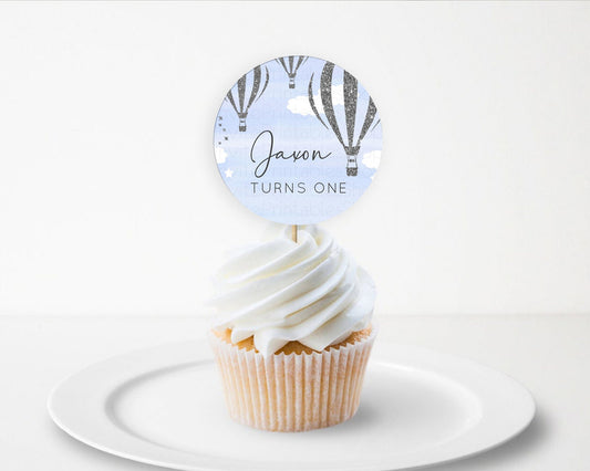 Editable Hot Air Balloon Cupcake Toppers Adventure Awaits Up & Away Glitter