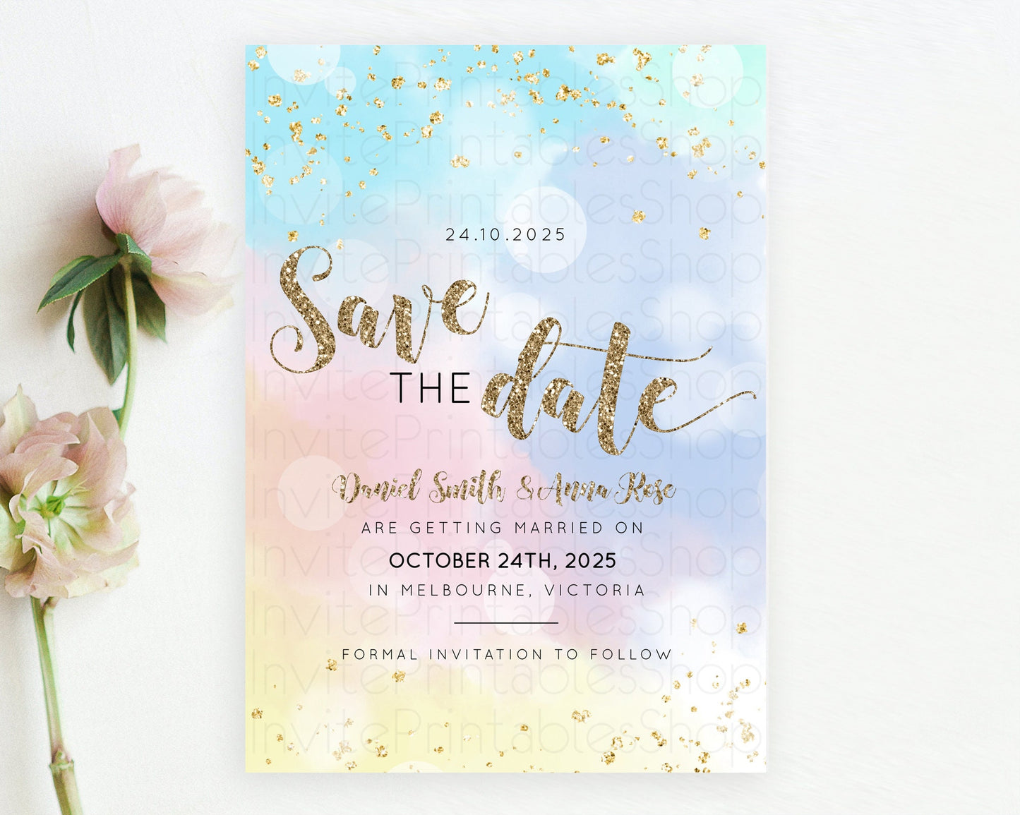 Pastel Save The Date Template Pastel Ombre Rainbow Watercolor Colorful Party For Birthday Baptism Baby Shower Wedding Bridal Shower D10367